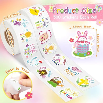 Haooryx Easter Graffiti Sticker Rolls - 1000Pcs Religious Drawn He is Risen Sticker Self Adhesive Vinyl Waterproof Water Bottle Laptop Easter Basket Stuffers Egg Filler Birthday Party Favor Supplies - style: Easter Religious Graffiti