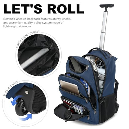 Boavan Rolling Backpack,17 inch Water Resistant Wheeled Backpack,Carry on Luggage Business Bag, Overnight College Computer bag Trolley Suitcase for Men Women Adults to Travel，Black - color: Navy, size: 17.3 inches
