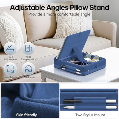 KDD Tablet Pillow Stand with Storage, Foldable iPad Holder for Lap, Desk and Bed, Angle Adjustable Soft Pad Dock with Stylus Mount Compatible with iPad Pro, Air, mini, Book, Phone and Tablet (4-13") - color: Dark Blue