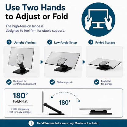 Foldable Portable Low Profile Monitor Stand, VESA 75x75/100x100 | Strong hinge stays securely in position throughout the -15° to +180° tilt range; compact, stable base saves desk space