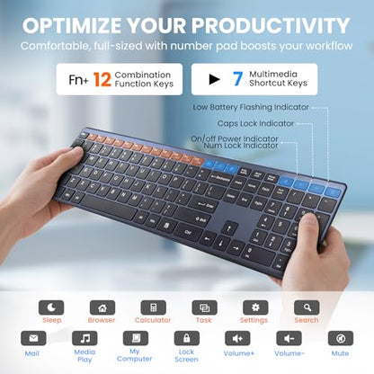 Wireless Keyboard-2.4G Ultra Slim Quiet Full Size USB PC Computer Keyboard,19 Multimedia Keys,Number Pad,Plug&Play,Lag-Free Ergo,Long Battery Life for Desktop,Laptop,Smart TV,MAC,Windows,QWERTY