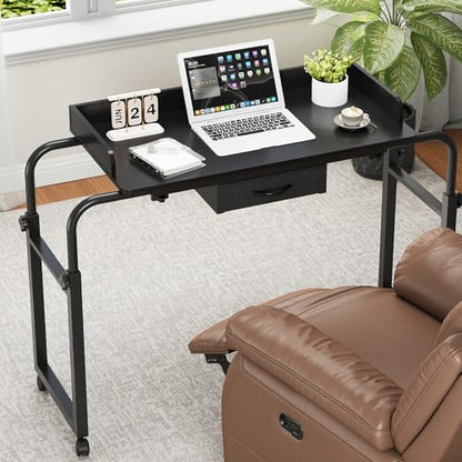 GiftGo Over Bed Table with Wheels, Recliner Table Bed Desk, Adjustable Height and Length Laptop Table with Storage Drawer Metal Leg for Bedroom Home Office Hospital (Black, 39.3" to 55.1") - color: Black