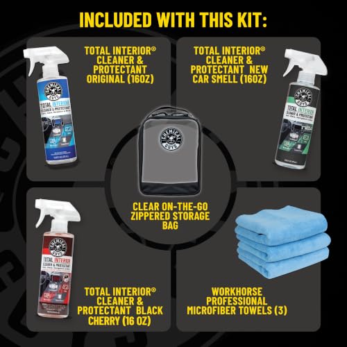 Chemical Guys Total Interior Cleaner Variety Kit With Storage Bag | 3 Scents, Fresh, New Car, & Black Cherry Scents, 3 Microfiber Towels, & Giftable Car Care Bag - size: 48 Fl Oz (Pack of 1), style: BAG KIT