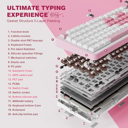 YUNZII B75 PRO Wireless Mechanical Gaming Keyboard | Custom 75% Layout with Knob,Gasket Mount,Hot Swap,Creamy Pre-lubed Switch,BT/USB-C/2.4G (White, Cocoa Cream V2 Switch) - color: White, size: Cocoa Cream V2 Switch