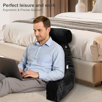 Reading Pillow for Adults Sitting‑Up in Bed, Backrest with Arms | Detachable Neck‑Cushion; Shredded Memory‑Foam; Side Pockets; Washable Velvet Cover; Gaming & TV, Sofa Use - color: Black