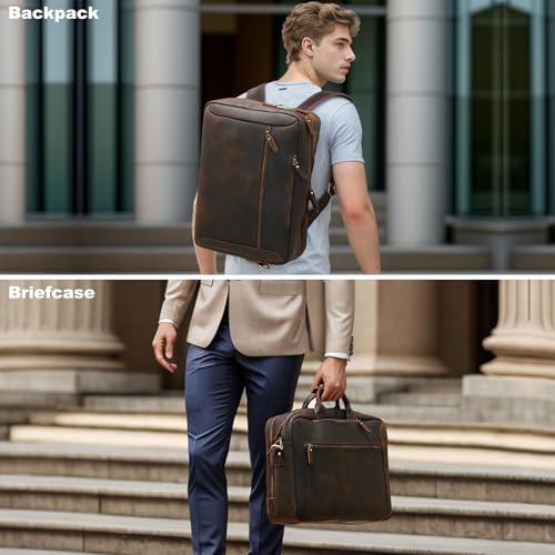 TIDING Full Grain Leather Convertible Briefcase Backpack for Men | Large 15.6 Inch Laptop Messenger Bag Work Business Crossbody Shoulder Bag - color: Dark Brown