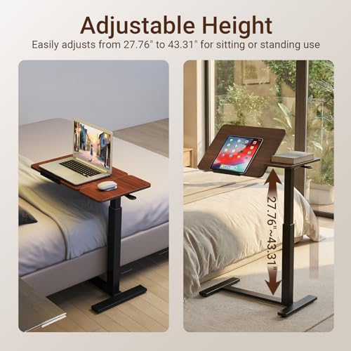 Haotian Overbed Table with Wheels, Adjustable Height Bedside Table with Tilting Desktop, Rolling Laptop Table with Side Shelf, Walnut and Black Mobile Desk for Bed, Sofa, Home Office - color: Walnut Brown and Black