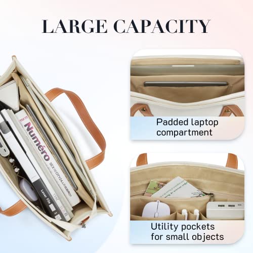 Missnine Laptop Tote Bag Canvas Laptop Bag 15.6 inch Work Shoulder Bags Casual Briefcase Handbag for Travel, Office, College - color: Brown+beige