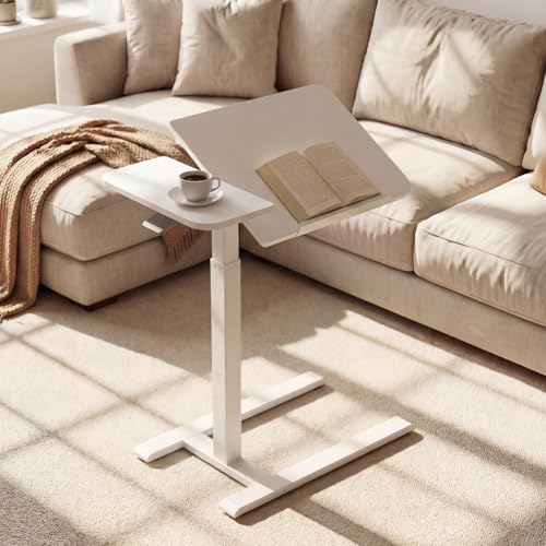 Overbed Table with Wheels, Height Adjustable Hospital Bed Table, Dual-Tiltable Rolling Laptop Desk for Bed, Hidden Casters H-Base Portable Side Table for Couch, Hospital & Home Office - color: White