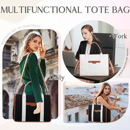 RAVUO Laptop Tote Bag Women, Water Resistant 15.6 Inch Large Canvas Handbag Business Briefcase With Detachable Shoulder Strap - color: Black