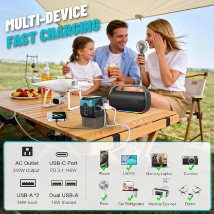 240W Power Inverter Pure Sine Wave for Ma-Ki-ta 18V Battery | No Battery, 7A Fast Charger,Portable Power Station with 120V AC Outlets, USB-C (140W), 2 QC USB Ports(18W), 600LM LED - color: Teal