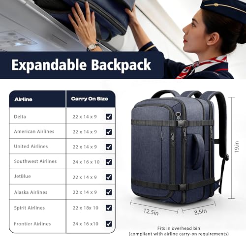 Travel Backpack with LifetimeWarranty,Expandable Carry on Backpack,Blue | 35-45L Cable Access Port,Fits 17.3"Laptop,Flight TSA friendly,Anti Theft Laptop Backpack Travel,Commuting - color: Blue, size: Standard（35L-45L）