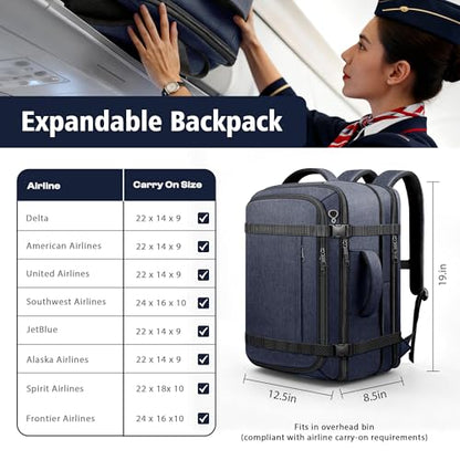 Travel Backpack with LifetimeWarranty,Expandable Carry on Backpack,Blue | 35-45L Cable Access Port,Fits 17.3"Laptop,Flight TSA friendly,Anti Theft Laptop Backpack Travel,Commuting - color: Blue, size: Standard（35L-45L）