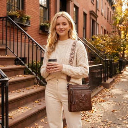 Vegan Leather Purses for Women, Daily Travel Crossbody Bags | Small Multi-Pocket Shoulder Bag with Adjustable Boho Wide Strap - color: Coffee