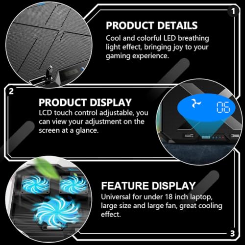 RGB LED Laptop Cooling Pad with 7-Gear Adjustable Ventilated Support, Alloy Material, Quiet Cooling Effect for Gaming Laptops, Black Cooler Stand with 7-Angle Adjustment