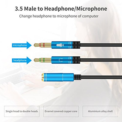 Headphone Splitter for Computer 3.5mm Female to 2 Dual 3.5mm Male Headphone Mic Audio Y Splitter Cable Smartphone Headset to PC Adapter (35CM, Blue) - color: Blue, size: 35CM