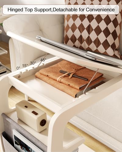 AQIMUELE Wooden C-Shaped End Table,Couch Desk with 2 Lockable Wheels,4-Tier Couch Table with Storage Bag,Small Rolling Side Table Tv Trays for Couch, Living Room,Bedroom (White) - color: White, size: 15.6"D x 15.7"W x 24.8"H, style: Modern 4 Tier