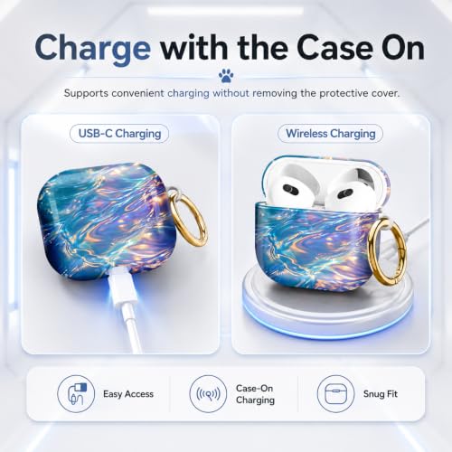 Compatible with AirPod 4 Case 2024, Cute Hard Plastic Protective Cover for Airpod 4th Generation Women, Shockproof Shell Skin with Gold Ring Keychain,Colorful Water Ripple Abstract - color: Colorful Water Ripple Abstract