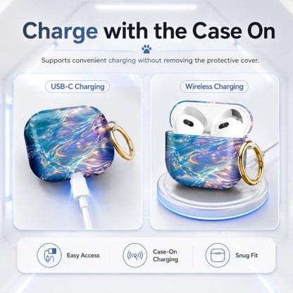Compatible with AirPod 4 Case 2024, Cute Hard Plastic Protective Cover for Airpod 4th Generation Women, Shockproof Shell Skin with Gold Ring Keychain,Colorful Water Ripple Abstract - color: Colorful Water Ripple Abstract