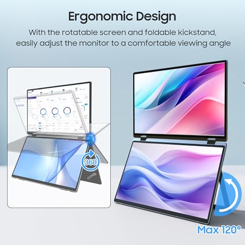 wisecoco 15.6" Dual Screen Touch Portable Monitor for Laptop Screen Extender IPS 1080P 360°Foldable Stacked Display with Kickstand HDMI USB-C for PC Laptop Windows Mac Driver-Free Flip S5+