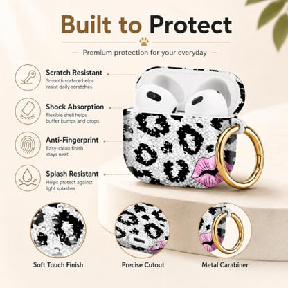 Compatible with AirPod 4 Case 2024, Cute Hard Plastic Protective Cover for Airpod 4th Generation Women, Shockproof Shell Skin with Gold Ring Keychain,Black Leopard Pink Lips - color: Black Leopard Pink Lips