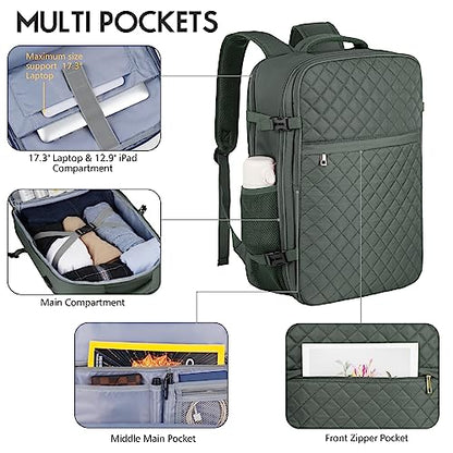 Large Travel Backpack Women, Flight Approved Carry On Backpack, Water Resistant Anti-Theft Large Casual Daypack Fit 17 Inch Laptop with USB Charging Port, Olive Green - color: Olive Green, size: 17.3 inch