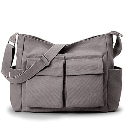 KALIDI Canvas Tote Bag Large Hobo Crossbody Shoulder Handbag Zipper Messenger Bag for Women or Men Casual College Work - color: Upgraded Grey