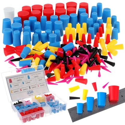 Briwooody 250 Pcs Rubber Plugs 9-Sizes Silicone Tapered Plug Kit 1/15" to 1" Stoppers for Coating, Hole, Painting Protection Silicone Stopper