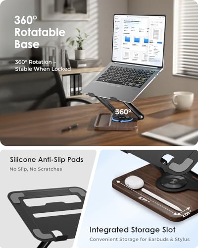 Viozon Laptop Stand for Desk, Adjustable Laptop Desk Stand with Wood Base Storage, 360° Rotating Swivel Computer Stand for Laptop, Ventilated Cooling Desktop Holder Fits up to 15.6" Notebooks/Laptops
