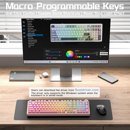Aula F99 Pro Wireless Silent Mechanical Keyboard with Knob, BT5.0/2.4GHz/USB-C Hot Swappable, Pre-lubed Linear Switches, RGB Backlit, Gasket Mounted,Gradient Pink PC Gaming Keyboard for Win/MAC - color: Pink