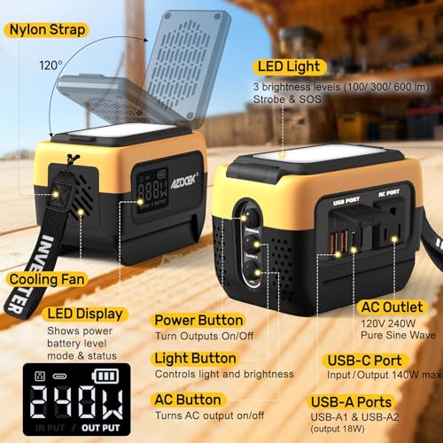 240W Power Inverter Pure Sine Wave Compatible with Dewalt 20V Battery | No Battery, 7A Fast Charger, 120V AC Outlets, USB-C (140W), 2 QC USB Ports (18W), 600LM LED,Portable Power Station - color: Yellow