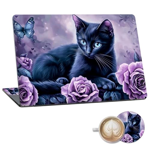 Laptop Skin Sticker Decal 15.6 Inch,12 13 13.3 14 15 15.6 in Laptop Netbook Skins for Notebook,Art Decal Removable Waterproof Scratch Resistant,Universal Vinyl Cover,Black Cat Purple Flower - color: Black Cat Purple Flower