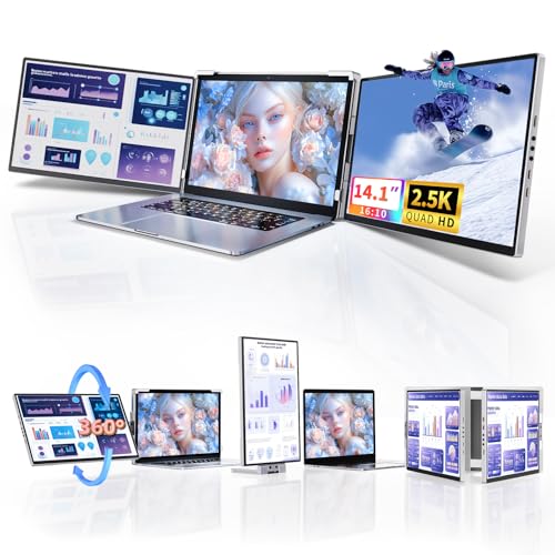 Laptop Screen Extender Monitor Portable - 2.5K Triple Laptop Screen Extender, Plug and Play Multiple Screens Extended Fits 13-17.3 Inch Laptops Compatible with, Windows, Chrome, Dex - color: Silver