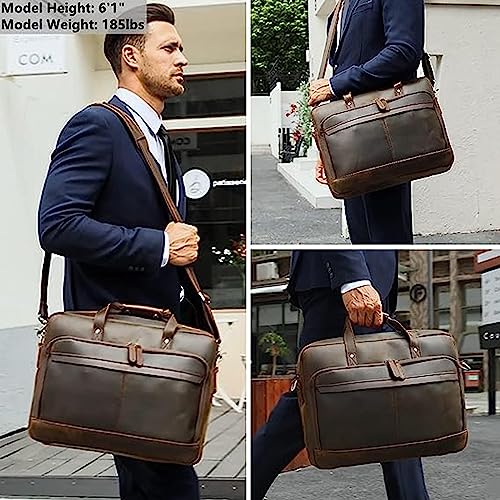 Masa Kawa Leather Briefcase for Men 15.6" 17" Laptop Business Messenger Bag | Computer Sleeve, Travel Luggage Strap, Professional Office Work Lawyer Crossbody Shoulder Attache Case - color: Deep Brown - Fits 15.6 Inch Laptop
