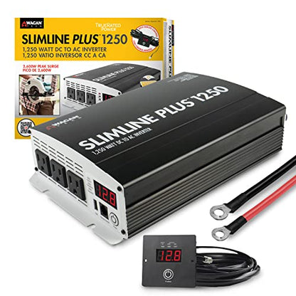 Wagan EL3732 1250W Slimline Plus AC to DC Power Inverter 1250 Watt TrueRated Continuous 2600 Watt Surge Power DC 12V to AC 110V Illuminated Display 2 AC Outlets and 2A USB Charging Port - size: 1250W