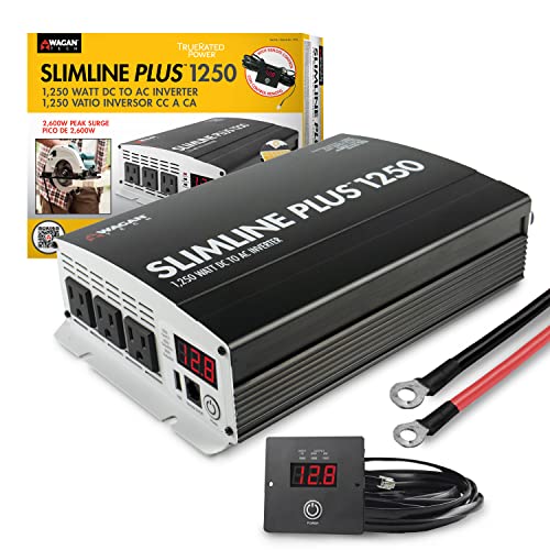 Wagan EL3732 1250W Slimline Plus AC to DC Power Inverter 1250 Watt TrueRated Continuous 2600 Watt Surge Power DC 12V to AC 110V Illuminated Display 2 AC Outlets and 2A USB Charging Port - size: 1250W