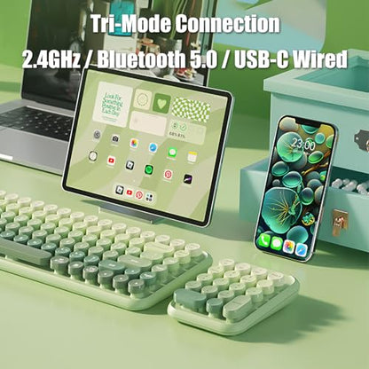 Typewriter Style Number Keypad Wireless 2.4G/Bluetooth/USB-C Wired | Rechargeable Numeric Pad Linear Membrane Switch 18-Key NKRO Retro Round Keycaps Portable for Multi-Device, Matcha Green