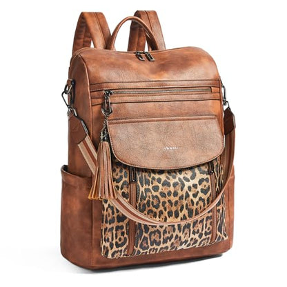 Laptop Backpack for Women 15.6 inch,Travel Leather Backpack Purse Nurse Teacher Carry on Backpack Computer Bag,Professional Water-Resistant College Business Work Casual Daypack,Two-tone Maroon - color: Brown With Leopard