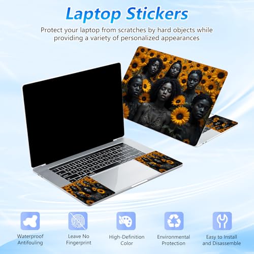 Universal Laptop Skin Sticker Decal with 2 Wrist Pad Skins, Waterproof Scratch Vinyl Cover for 11–15.6 Inch MacBook, HP, Dell, Lenovo, Cutable & Reusable,Black Women Sunflower - color: Black Women Sunflower
