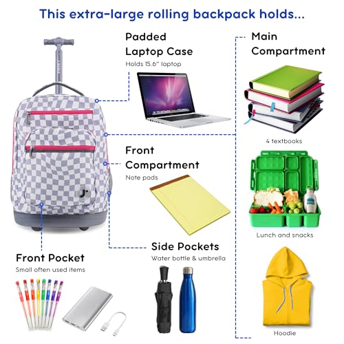 J World Sundance Laptop Rolling Backpack for Girls Boys. Roller Bookbag with Wheels, 20 Inch, Lavender Checkers - color: Lavender Checkers