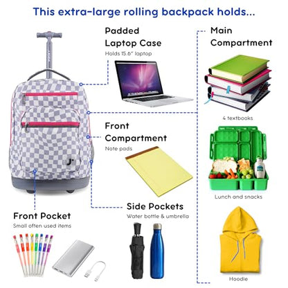 J World Sundance Laptop Rolling Backpack for Girls Boys. Roller Bookbag with Wheels, 20 Inch, Lavender Checkers - color: Lavender Checkers
