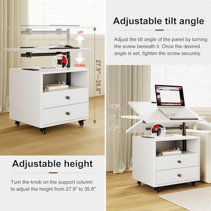 Bedroom Nightstand with Drawers & Charging Station, Adjustable Height Bedside Table with Wheels, Wooden Small Sofa Side Tables with Storage for Living Room, White - color: [A3] White