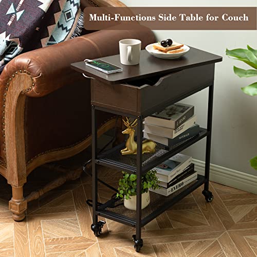 Hadulcet End Table with Charging Station & Rotating Top, Couch End Table, Rotating Swivel Top Side Table for Living Room & Bedroom, Narrow Rolling Side Table on Wheels, Skinny Nightstand, Black Walnut - color: Black Walnut