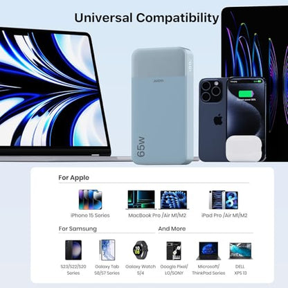 JUOVI Portable Charger 65W Power Bank 20000mAh Compact USB C Laptop Power Bank Fast Charging Battery Pack for Laptop MacBook Dell XPS iPad Tablet Steam Deck iPhone 17/16/15/14 Series Samsung and More - color: Blue