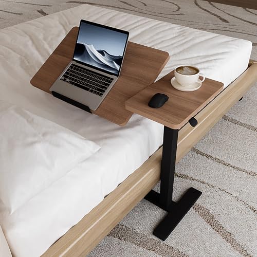 Adjustable Overbed Bedside Table with Wheels Pneumatic Mobile Standing Laptop Desk Rolling Computer Cart Movable Couch Desk Hospital Home Use, Walnut - color: Walnut