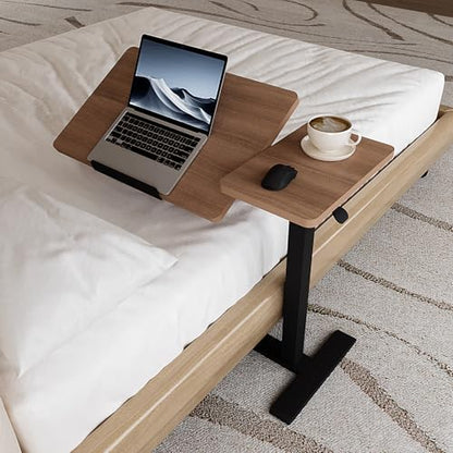 Adjustable Overbed Bedside Table with Wheels Pneumatic Mobile Standing Laptop Desk Rolling Computer Cart Movable Couch Desk Hospital Home Use, Walnut - color: Walnut