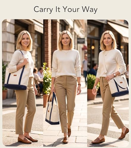 Aveniee Canvas Tote Bag for Women, Crossbody Purse with Zipper, Adjustable Shoulder Strap Handbags - color: Navy