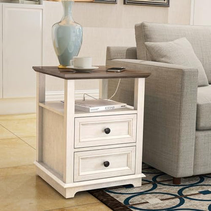 18" Wide End Table with Fast Charging Station Set of 2, 18” Wide Sofa End Table with Drawers,Storage Rustic Wood Storage Cabinet,Sofa Table for Living Room,White | 18” Wide Sofa End Table with Drawers,Storage Rustic Wood Storage Cabinet,Sofa Table for Liv