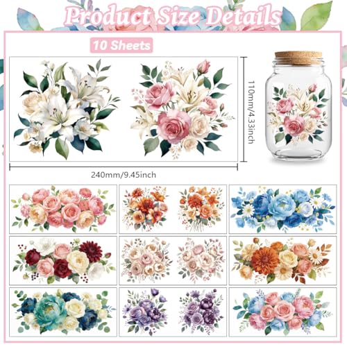 Peacoblue UV DTF Cup Wraps Transfer Stickers Flowers with Roses and Peonies Pattern, 10 Sheets Waterproof Custom Vinyl Transfer Sticker 16oz Coffee Glass Cup Tumbler Bottle Mug Decals for Men Women - style: Flowers with Roses and Peonies