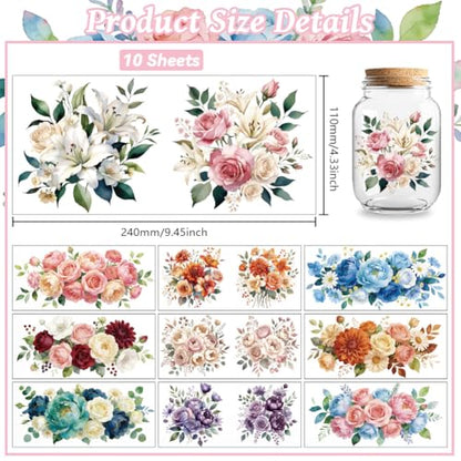 Peacoblue UV DTF Cup Wraps Transfer Stickers Flowers with Roses and Peonies Pattern, 10 Sheets Waterproof Custom Vinyl Transfer Sticker 16oz Coffee Glass Cup Tumbler Bottle Mug Decals for Men Women - style: Flowers with Roses and Peonies